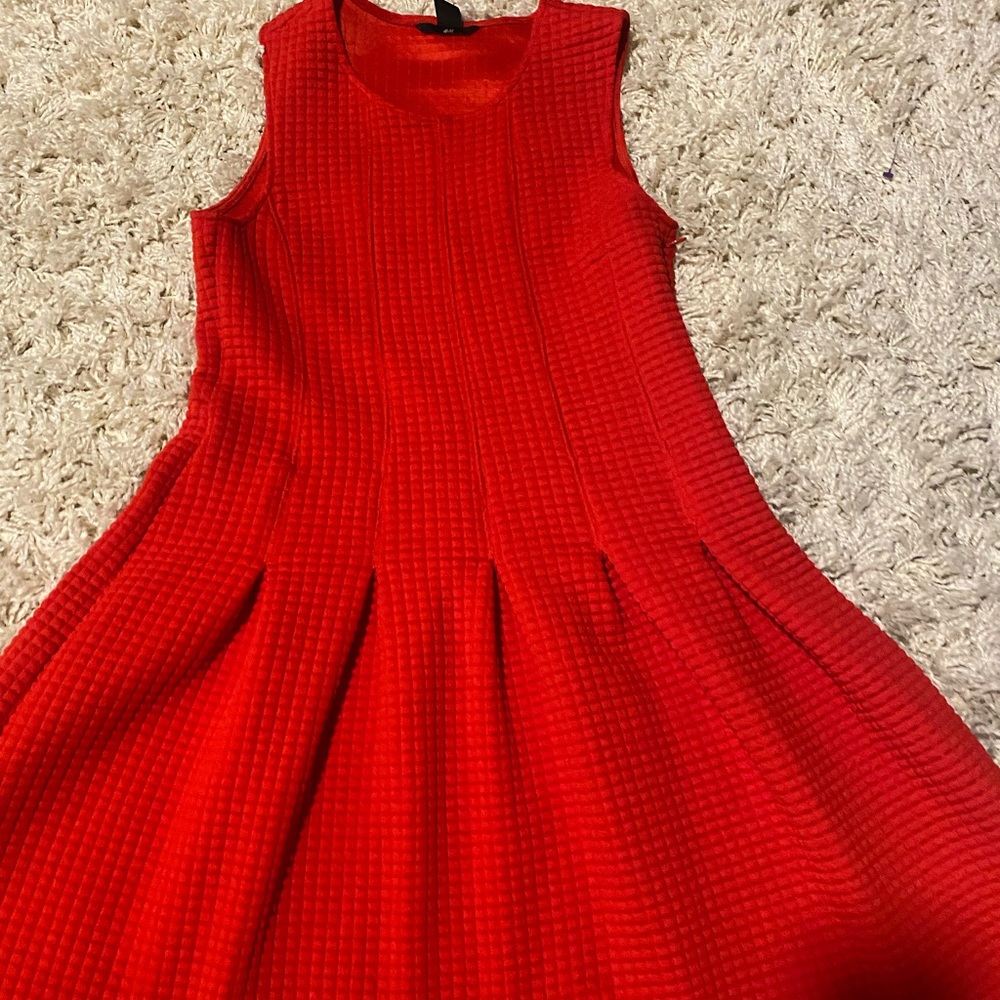 H&M Red Orange Fit & Flare Skater Swing Knee Length Dress Size: L - Picture 3 of 7